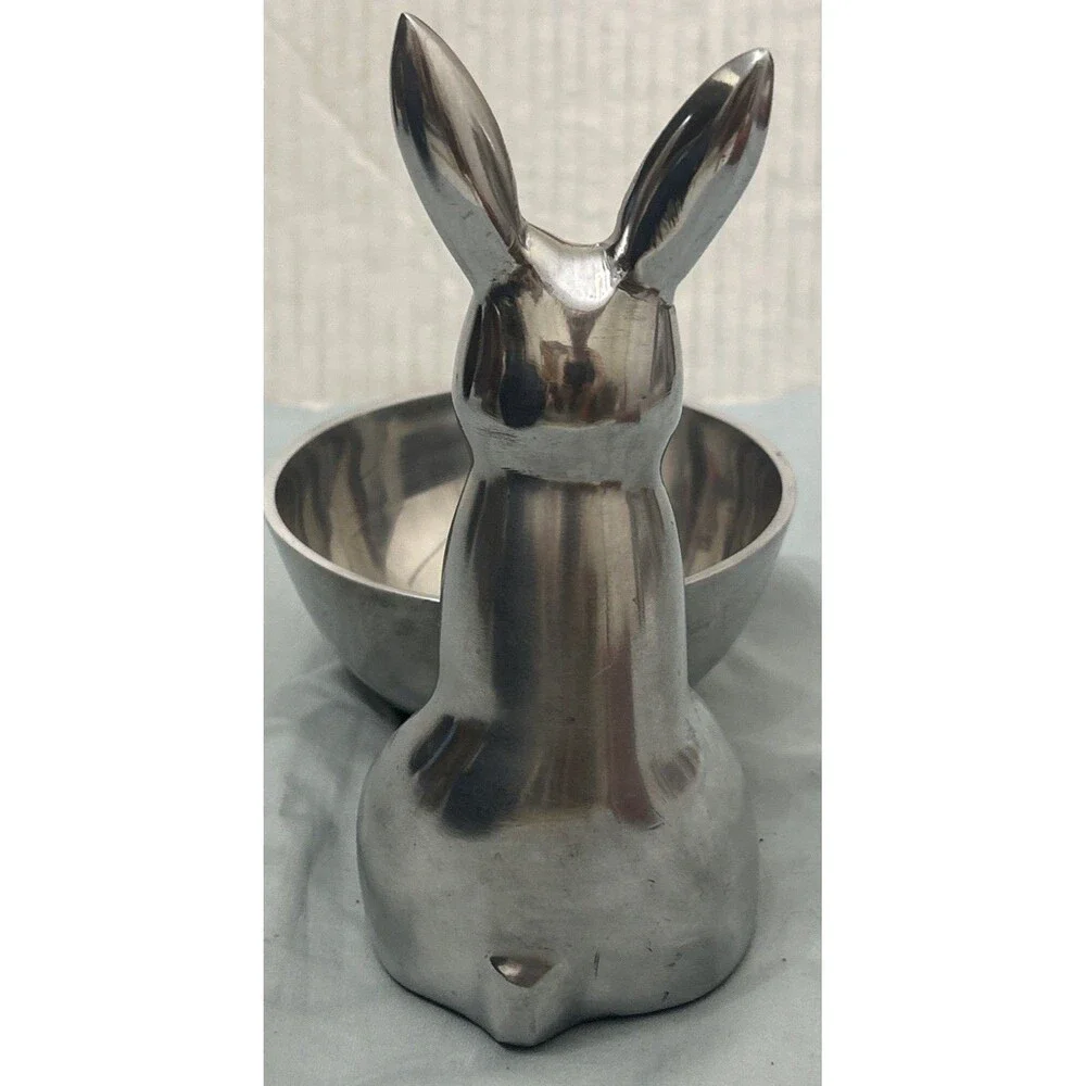 Easter Bunny w/ Attached Bowl Shiny Silver Finish Aluminum 7